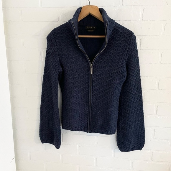 Ports 1961 Women’s Sweater Knit Cardigan Full Zip merino wool Bell sleeve Navy S - Picture 6 of 11